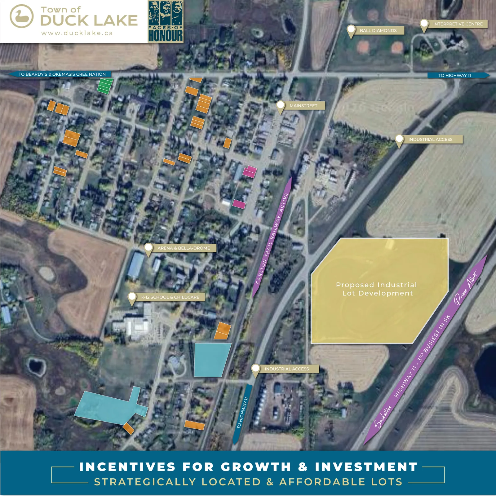 Aerial map showing strategically located development lots in Duck Lake.