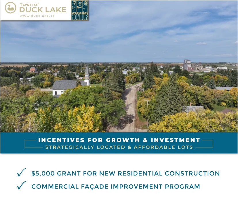 Duck Lake incentives for growth and investment, including residential construction and commercial facade programs.